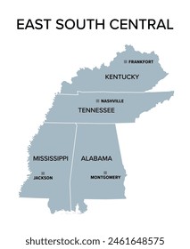 East South Central states, gray political map. United States Census division of the South region, consisting of the states Alabama, Kentucky, Mississippi, and Tennessee. Isolated illustration. Vector