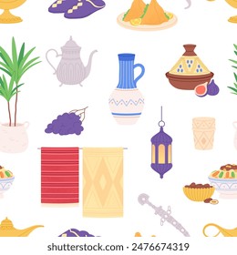 East style seamless pattern. Moroccan crockery, ceramic jugs fruits plants food and arabian carpets. Fabric wallpaper or wrapping vector print design