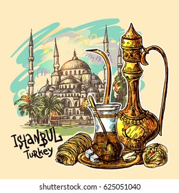 East tea illustration with Istanbul on background. Oriental sweets and teapot. Good for invitations, cards, postcards