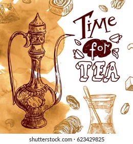 East tea illustration. Oriental sweets and teapot. Good for invitations, cards, postcards.