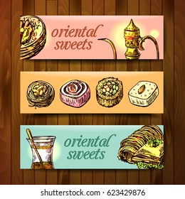 East tea illustration. Oriental sweets and teapot. Good for invitations, cards, postcards.
