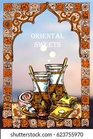 East tea illustration. Oriental sweets and teapot. Good for invitations, cards, postcards.