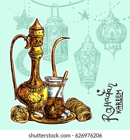 East tea illustration. Oriental sweets and teapot. Good for invitations, cards, postcards