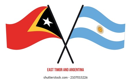 East Timor and Argentina Flags Crossed And Waving Flat Style. Official Proportion. Correct Colors.