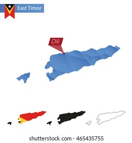 East Timor blue Low Poly map with capital Dili, four versions of map. Vector Illustration.