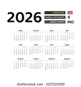 East Timor Calendar 2026. Week starts from Monday. Vector graphic design. Portuguese language.