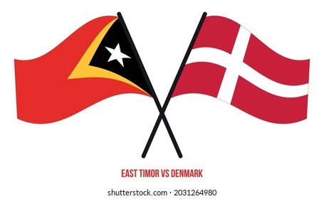 Banderas de Timor Oriental y Dinamarca Cruzadas y ondeando estilo plano. Proporción oficial. Colores correctos.