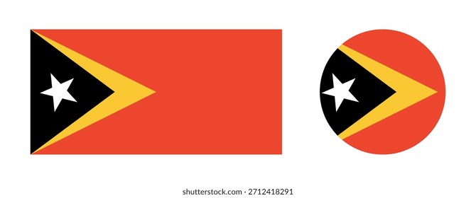 Botón de la bandera de Timor Oriental, insignia, pegatina. Bandera del círculo de Timor Oriental, iconos planos rectangulares. Conjunto de bandera nacional rectangular y redonda de Timor Oriental.