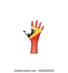east timor flag and hand on white background. Vector illustration