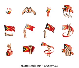 east timor flag and hand on white background. Vector illustration