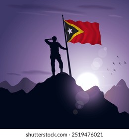 Bandeira do Timor Leste hasteada em um pico de montanha com um pôr do sol roxo ao fundo, ilustração vetorial