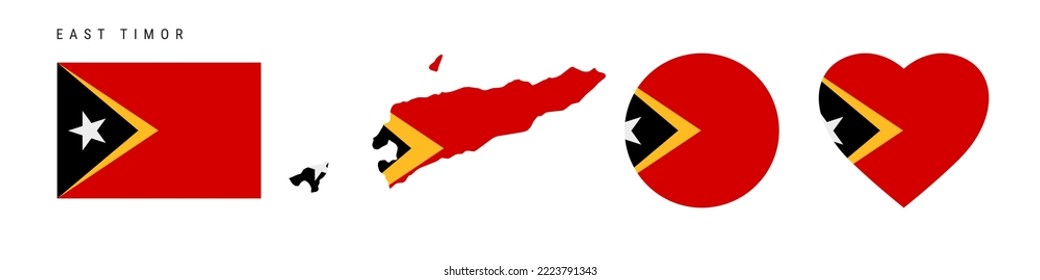 East Timor flag icon set. Timor-Leste pennant in official colors and proportions. Rectangular, map-shaped, circle and heart-shaped. Flat vector illustration isolated on white.