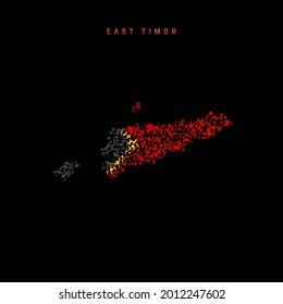 Osttimor Flaggenplan, chaotische Partikel Muster in den Farben der Flagge Timor-Lestes. Vektorgrafik einzeln auf schwarzem Hintergrund.