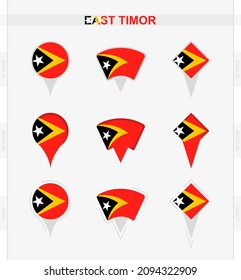 East Timor flag, set of location pin icons of East Timor flag. Vector illustration of national symbols.