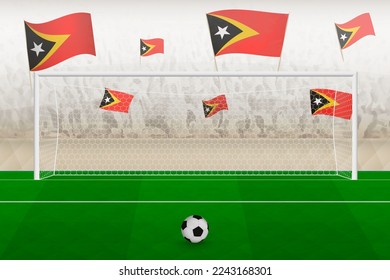 East Timor football team fans with flags of East Timor cheering on stadium, penalty kick concept in a soccer match. Sports vector illustration.