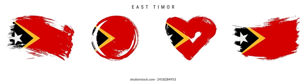 East Timor hand drawn grunge style flag icon set. Timor-Leste banner in official colors. Free brush stroke shape, circle and heart-shaped. Flat vector illustration isolated on white.