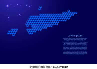 East Timor map from 3D classic blue color cubes isometric abstract concept, square pattern, angular geometric shape, glowing stars. Vector illustration.