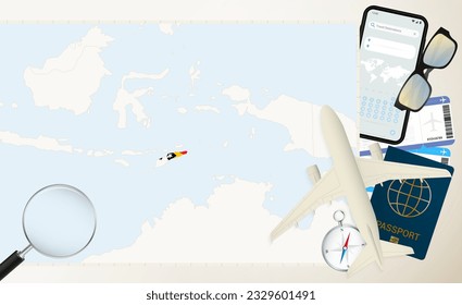 East Timor map and flag, cargo plane on the detailed map of East Timor with flag, passport, magnifying glass and airplane. Vector template.