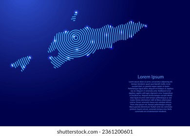 Mapa de Timor Oriental de futuristas círculos azules concéntricos y brillantes estrellas para carteles, afiches, tarjetas de saludo