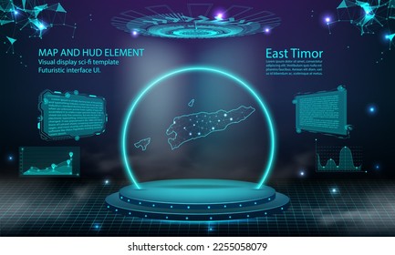 fondo del efecto de conexión de la luz del mapa de Timor Oriental. interfaz de usuario de tecnología digital abstracta, GUI, interfaz virtual HUD futurista con mapa de Timor Oriental. Estadio futurista podio en niebla.