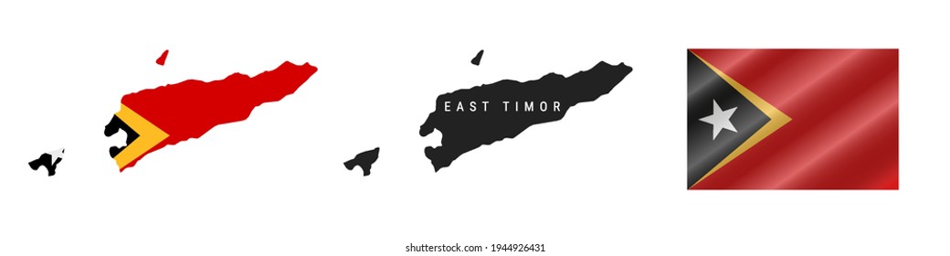 East Timor. Map with masked flag. Detailed silhouette. Waving flag. Vector illustration isolated on white.