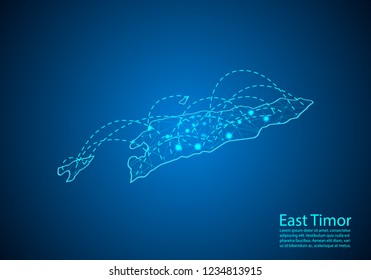 east Timor map with nodes linked by lines. concept of global communication and business. Dark east Timor map created from white dots with travel locations or internet connection.