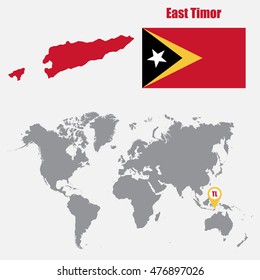 East Timor map on a world map with flag and map pointer. Vector illustration