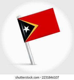 East Timor map pin flag icon. Timor-Leste pennant map marker on a metal needle. 3D realistic vector illustration.