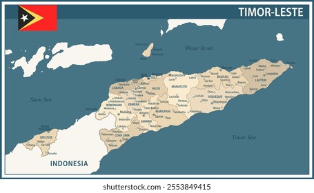 East Timor Map Vector NVintage Dark Blue Beige - Customizable layered political map of Timor-Leste with administrative divisions for website, education, reports, news, politics, print, poster and wall