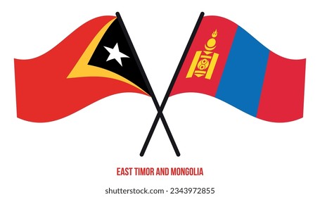 Ost-Timor- und Mongolei-Flaggen überqueren und schwingen flatternd. Offizieller Anteil. Korrigieren Sie Farben.