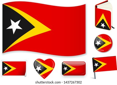 East Timor national flag in wave, book, circle, pin, button, heart and sticker shapes.