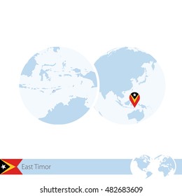 East Timor on world globe with flag and regional map of East Timor. Vector Illustration.