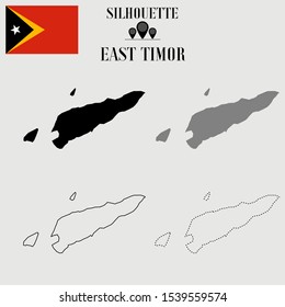 East Timor outline world map, solid, dash line contour silhouette, national flag vector illustration design, isolated on background, objects, symbol from countries set
