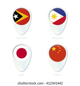 East Timor, Philippines, Japan, China flag location map pin icon. East Timor Flag, Philippines Flag, Japan Flag, China Flag. Vector Illustration.