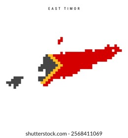 East Timor pixel flag map icon. 8 bit pixel art Timor-Leste map covered with flag. Flat vector illustration isolated on white background.