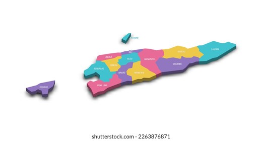 East Timor political map of administrative divisions - municipalities and Special Administrative Region Oecusse-Ambeno. Colorful 3D vector map with dropped shadow and country name labels.