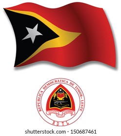 east timor shadowed textured wavy flag and coat of arms against white background, vector art illustration, image contains transparency transparency