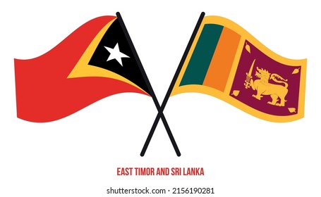 Banderas de Timor Oriental y Sri Lanka Cruzadas y ondeando estilo plano. Proporción oficial. Colores correctos