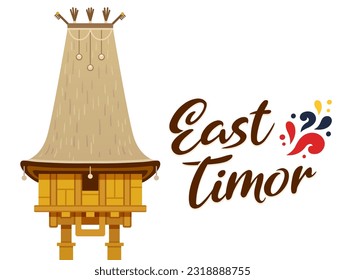 East Timor travel banner with Uma Lulik, traditional sacred spirit house. Vector illustration, cartoon clip art design.