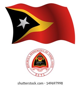 east timor wavy flag and coat of arms against white background, vector art illustration, image contains transparency