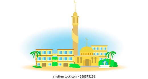 East view of the small town/Arab city in the desert (mosque and minaret)