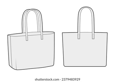 East West Large Tote silhouette bag. Fashion accessory technical illustration. Vector satchel front 3-4 view for Men, women, unisex style, flat handbag CAD mockup sketch outline isolated