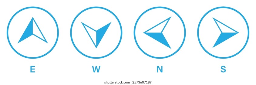 East, west, north, south arrow compass icon. Set of compass vector icons in blue circle isolated on a white background. Map direction. Silhouette and outline style. Vector illustration.