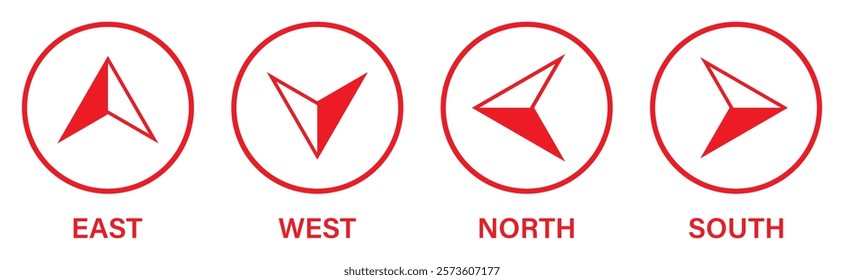 East, west, north, south compass icon. Map direction. Set of compass vector icons in red circle isolated on a white background. Silhouette and outline design. Vector illustration.