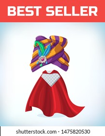 East Wizard hat. Turban headdress Eastern peoples. Gold Sheikh Sultan or Cap. Masquerade costume headdress. Carnival or Halloween mask. Cartoon Vector illustration. Red cape