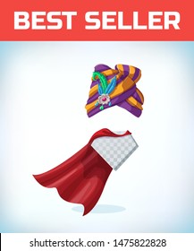 East Wizard hat. Turban headdress Eastern peoples. Gold Sheikh Sultan or Cap. Masquerade costume headdress. Carnival or Halloween mask. Cartoon Vector illustration. Red cape