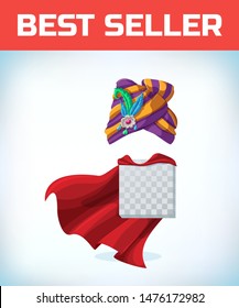 East Wizard hat. Turban headdress Eastern peoples. Gold Sheikh Sultan or Cap. Masquerade costume headdress. Carnival or Halloween mask. Cartoon Vector illustration. Red cape
