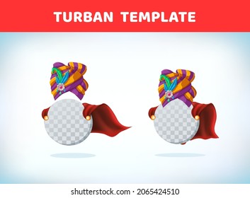 East Wizard hat. Turban headdress Eastern peoples. Gold Sheikh Sultan or Cap. Masquerade costume headdress. Carnival or Halloween mask. Cartoon Vector illustration. Red cape. Cartoon template.