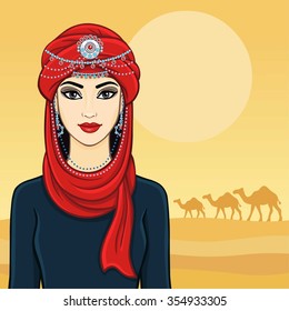 East woman in a turban. Background desert.