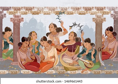 East women in national ethnic clothes seamless pattern. Asian murals. Beautiful indian girls in harem , frescos. Culture of India. Arabic fairy tales. Fashion islamic princesses sit in a lotus 